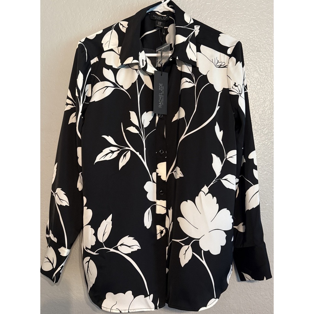 Rachel Zoe NWT Black White Floral Button Down Blouse Top Long Sleeve Size M